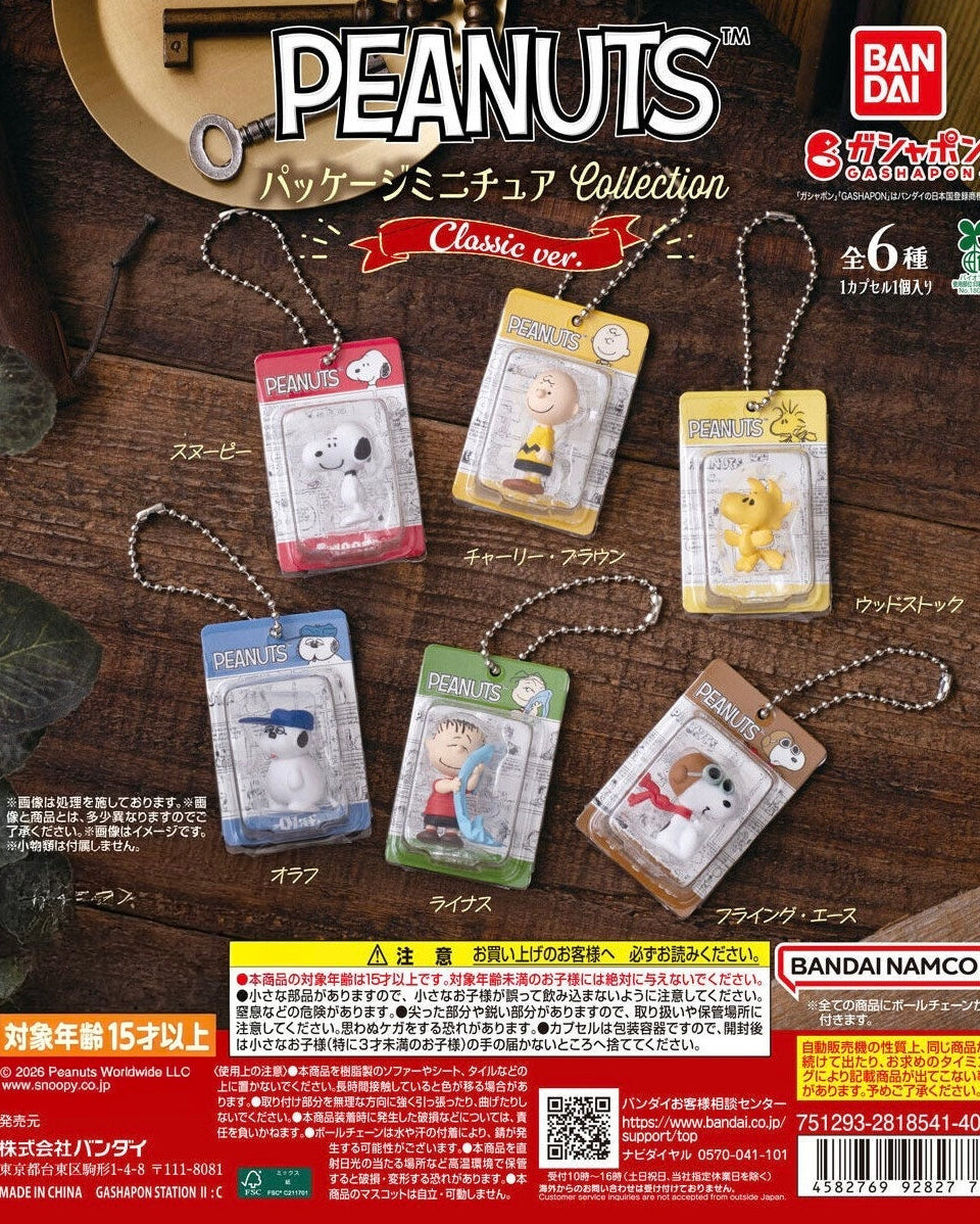 Bandai Namco Peanuts miniatures collection Classic Ice keychain set, featuring six different character keychains (Snoopy, Charlie Brown, Woodstock, Lemmy, Albert, and Max) in their original retail packaging, displayed on a dark wooden background with a golden key and Japanese text overlays.